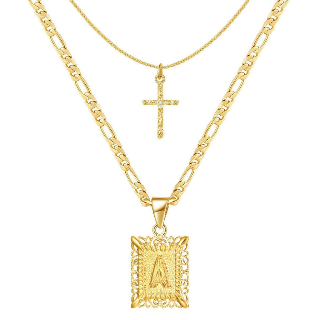 2 Piece Initial Letter & Cross Necklace Set