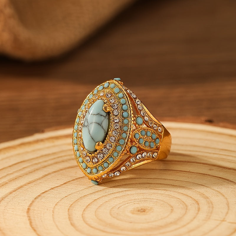 Bohemian Vintage Fashion Ring With Synthetic Synthetic Gems And Turquoise Luxury Party Ring