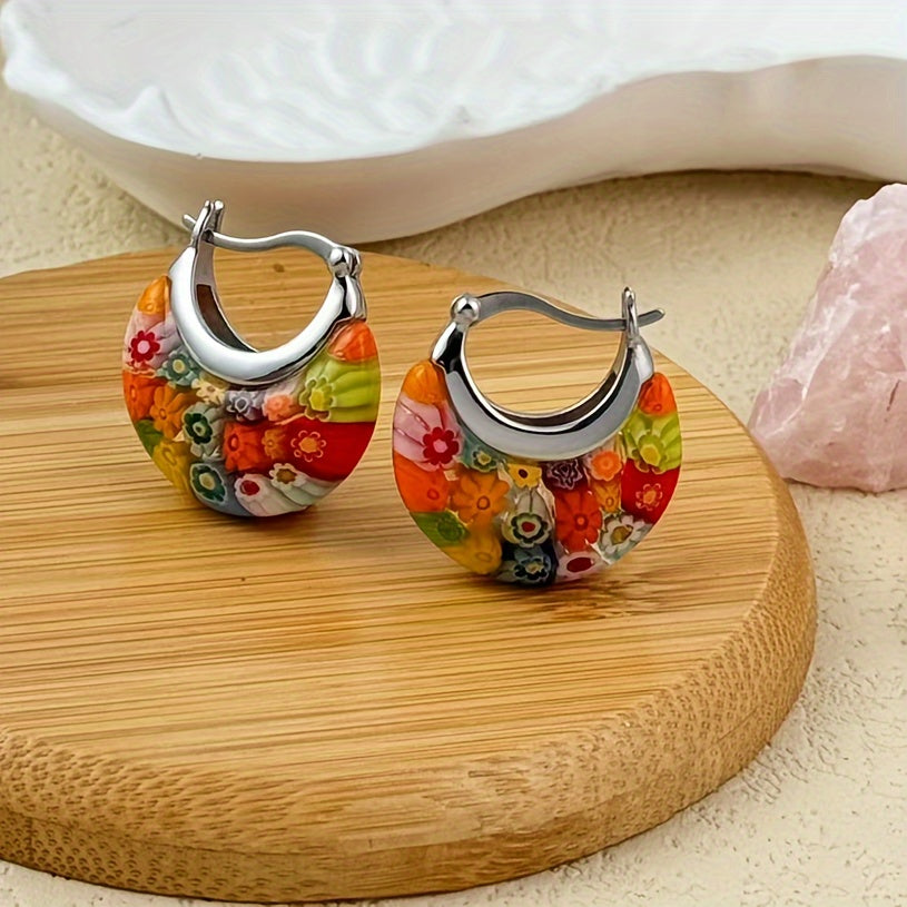 Colorful Millefiori Half-Hoop Earrings