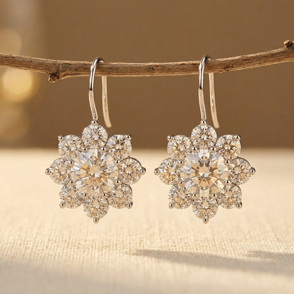 925 Sterling Silver Elegant Floral Moissanite Cluster Earrings Luxury