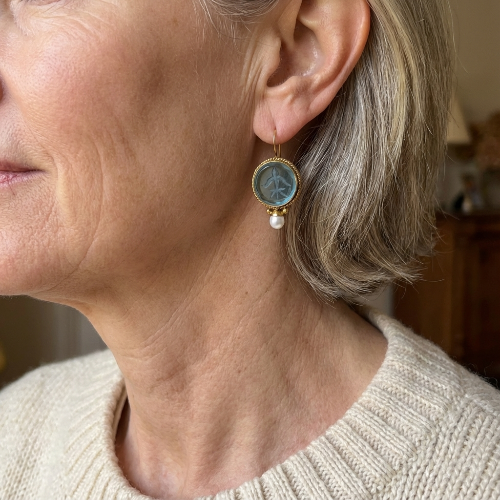 Aqua Carved Gem & Pearl Drop Earrings