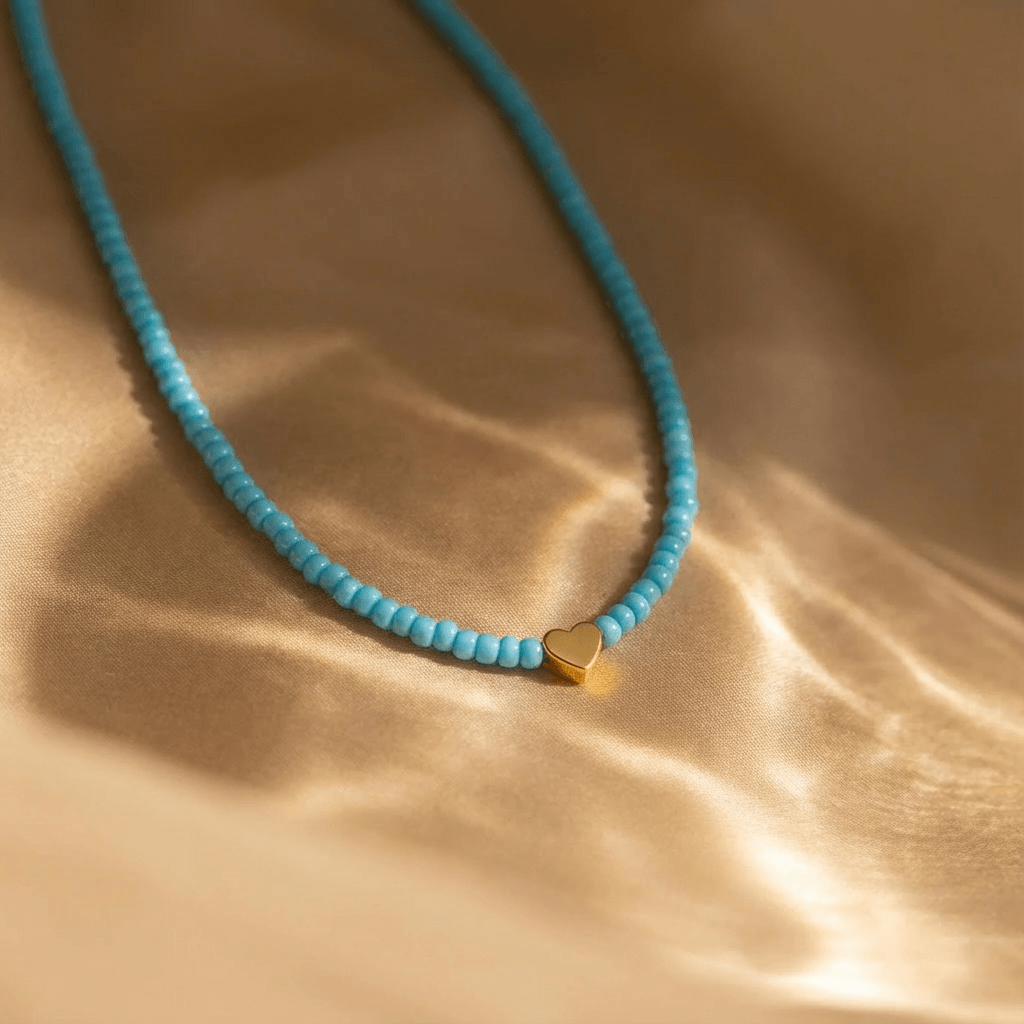 Bohemian Blue Seed Beads Heart Necklace