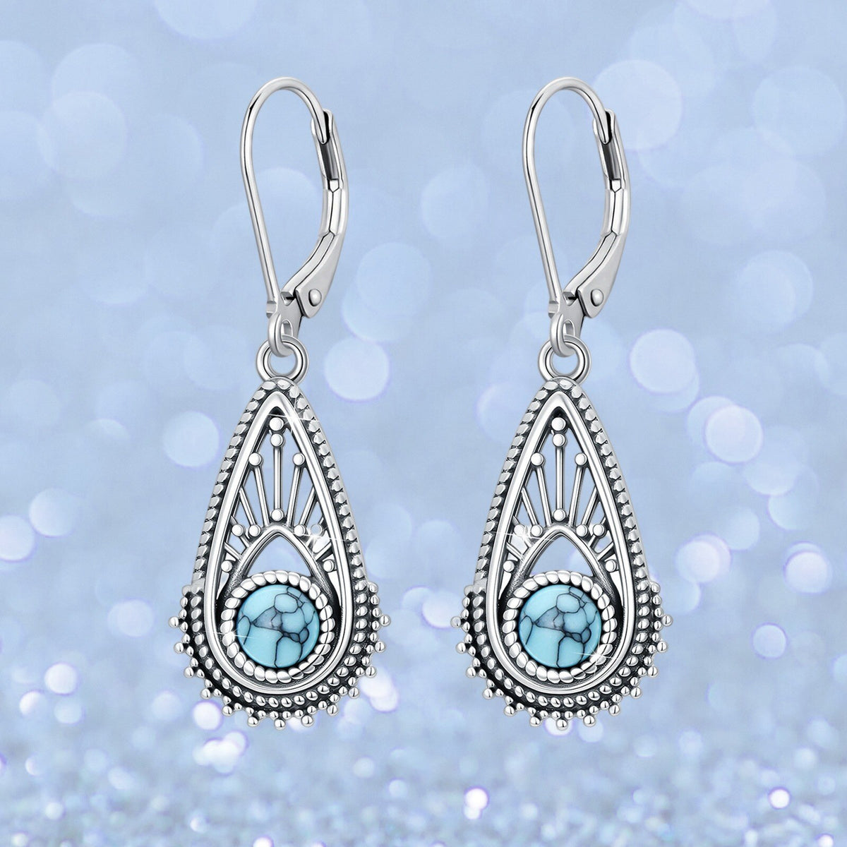 Bohemian Silver Plated Filigree Teardrop Turquoise Dangle Earrings