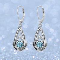 Bohemian Silver Plated Filigree Teardrop Turquoise Dangle Earrings