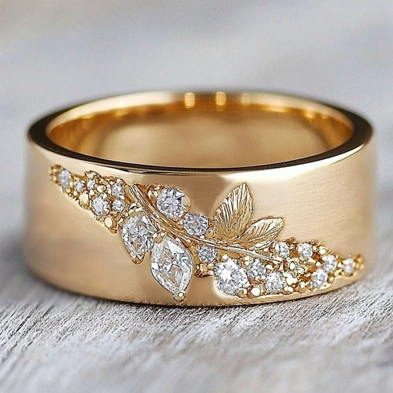 Vintage Wide Gold Plated Shiny Zirconia Leaf Ring