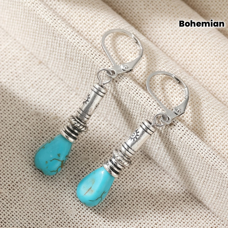 Tibet Silvery Color Vintage Bohemian Long Drop Hook Earrings Synthetic Turquoise Water Dangle Earrings For Women