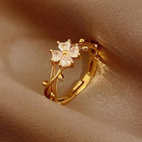 Elegant Adjustable Zirconia Flower Leaf Open Ring