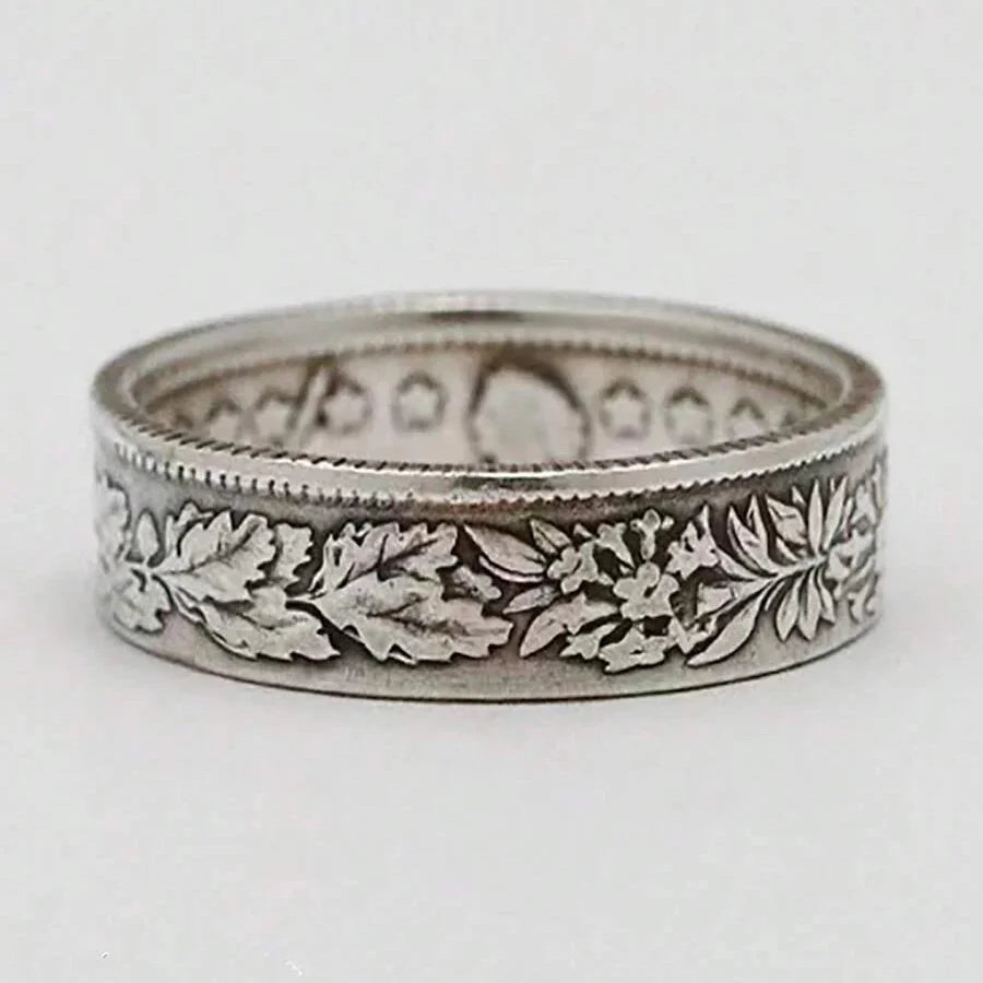 Vintage Silver Plated Snowflake & Coin Pattern Ring