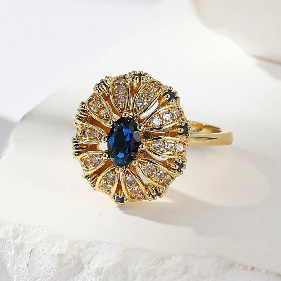 Elegant Gold Plated Sunflower Design Blue Zirconia Inlaid Ring
