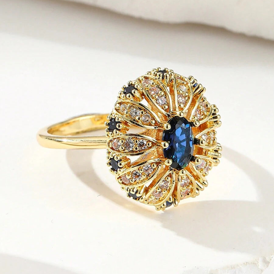 Elegant Gold Plated Sunflower Design Blue Zirconia Inlaid Ring