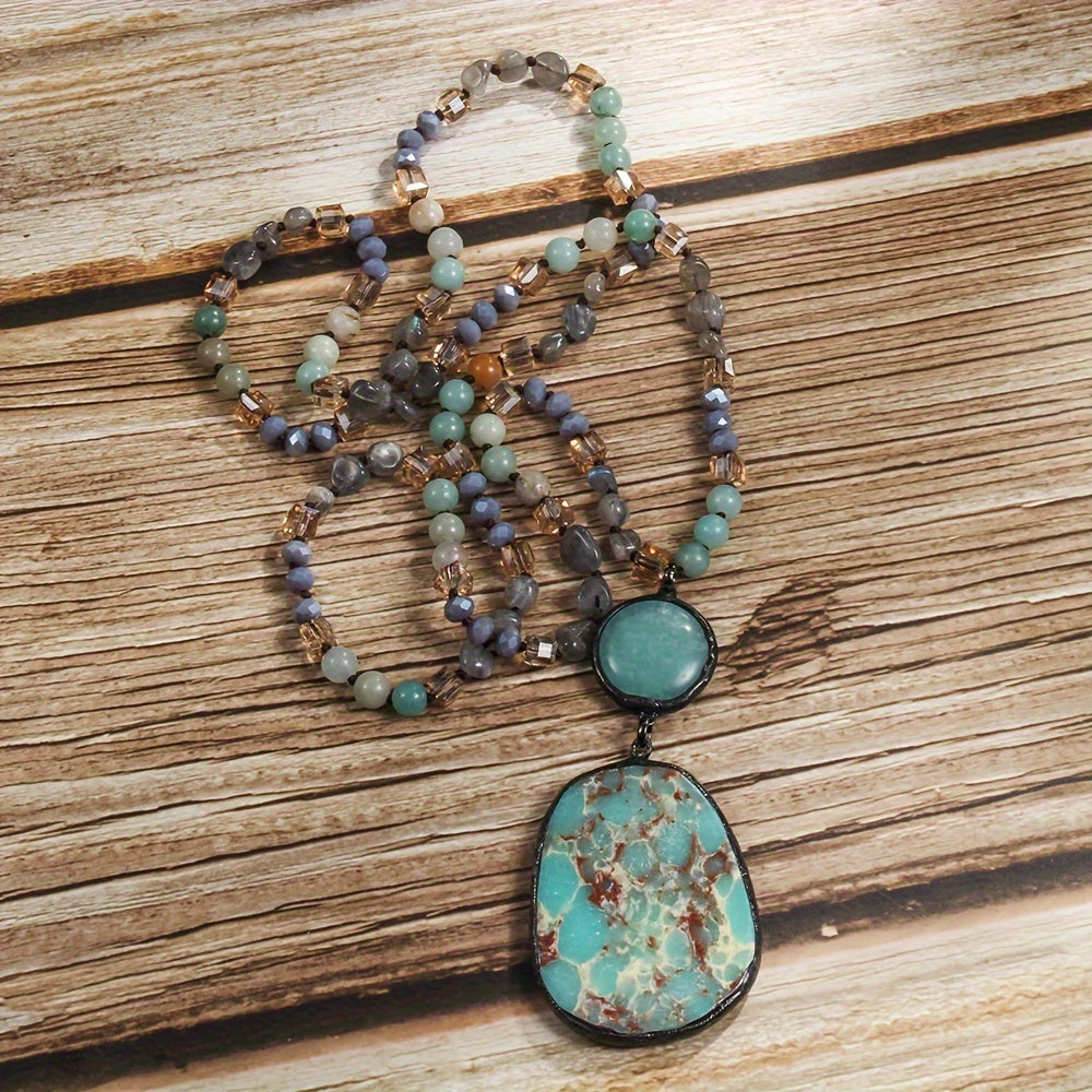 Unique Handcrafted Vintage Boho Chic Natural Stone Pendant Necklace Earthy Tones Turquoise Marble Beads With Accents Bohemian Jewelry For Daily Wear Mothers Day Birthday Anniversary Gifts