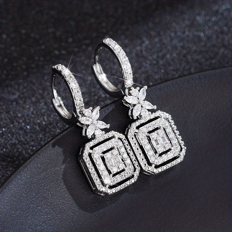 Elegant Womens Square Zirconia Earrings Sparkling Cubic Zirconia Copper Plated Ideal For Weddings Parties Daily Wear Jewelry Party Accessories Elegant Square Earrings Synthetic Zirconia