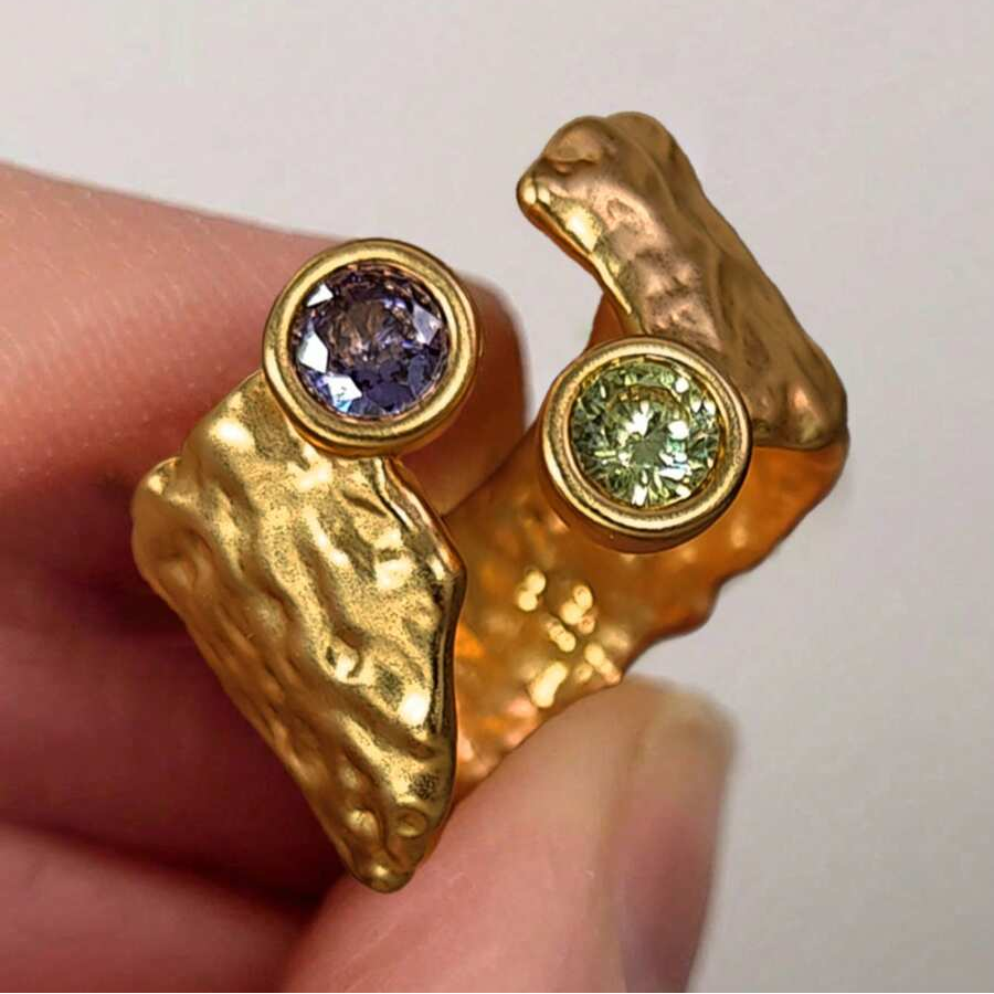 Adjustable Asymmetrical Hammered Gold Plated Zirconia Inlaid Ring