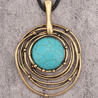 Classic Black Wax Cord Turquoise Stone Long Necklace