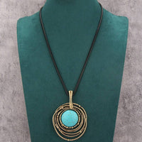 Classic Black Wax Cord Turquoise Stone Long Necklace
