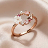 Elegant Flower Faux Pearl Micro Inlaid Zirconia Butterfly Ring
