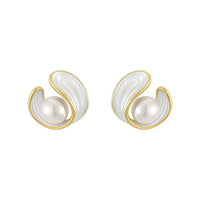 Gold Pearl and White Enamel Stud Earrings