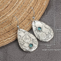 Retro Carved Flowers Drop Shape Turquoise Gemstone Hook Earrings