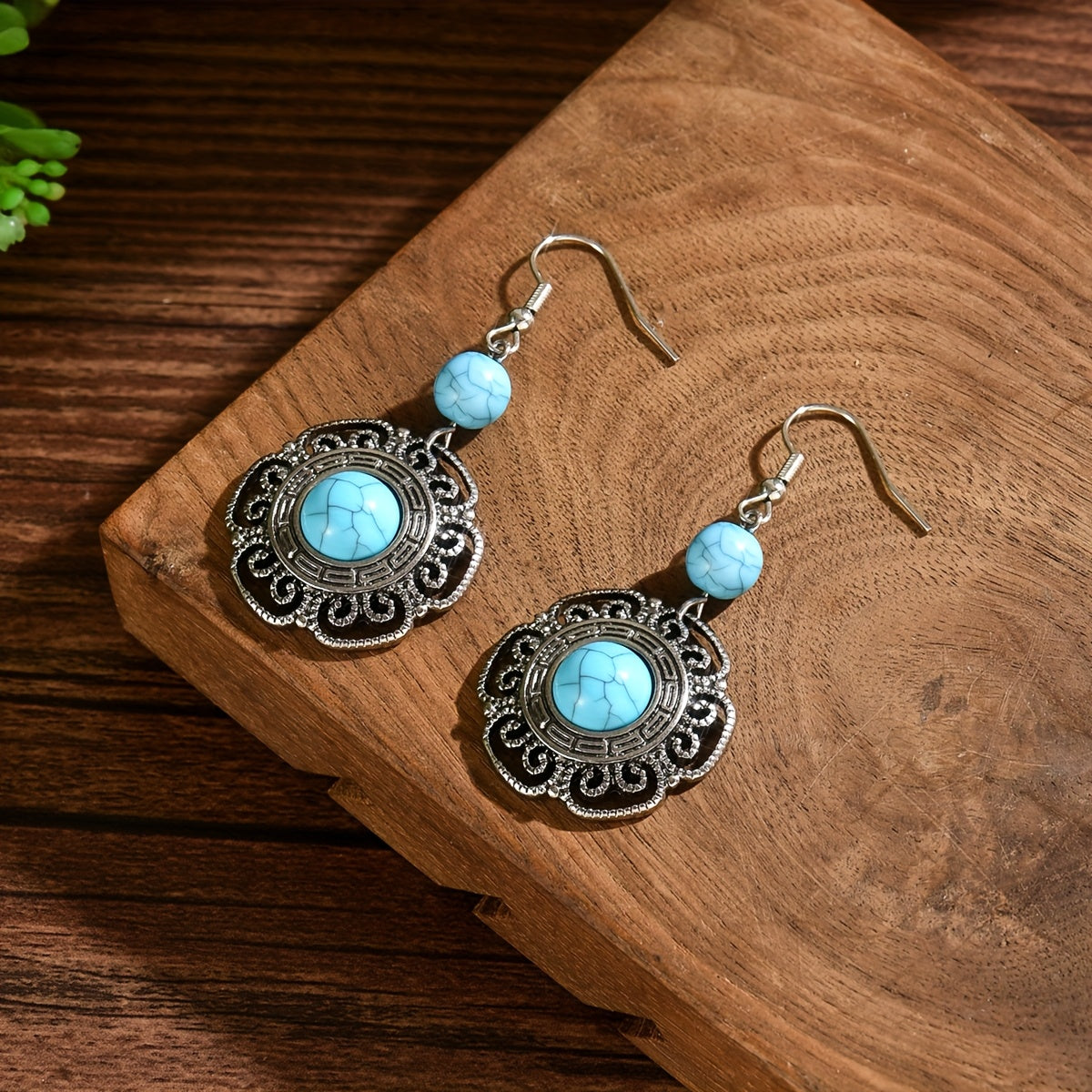 Bohemian Filigree Flower Shaped Turquoise Drop Earrings
