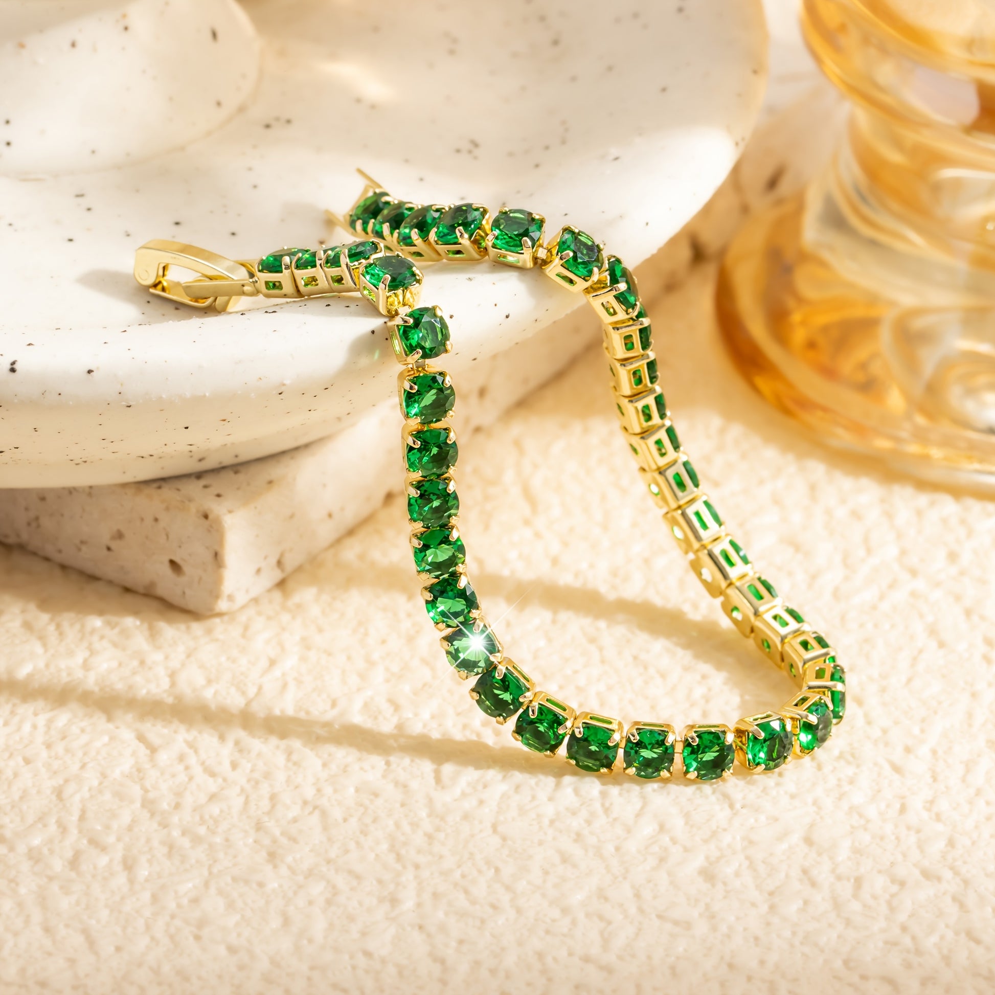 Bohemian Emerald Green Zirconia Gold Plated Tennis Bracelet