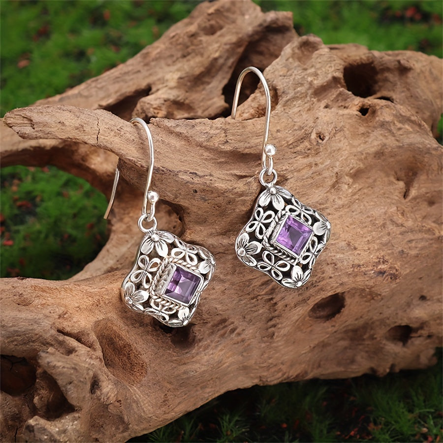 Vintage Purple Zirconia Floral Filigree Drop Earrings