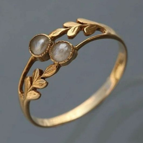 Vintage Double Moonstone Gold Plated Leaf Band Ring