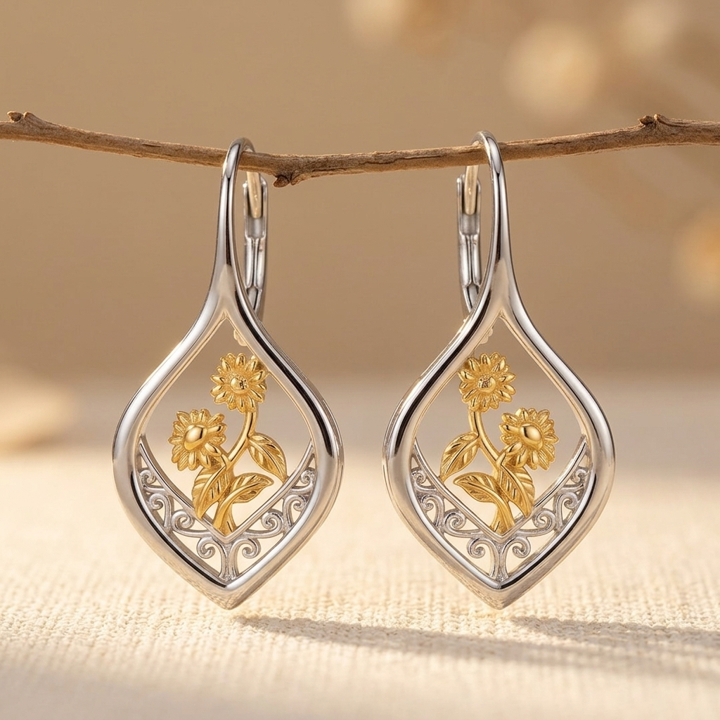 Sunflower Earrings 925 Sterling Silver Filigree 18K Gold Plated Leverb