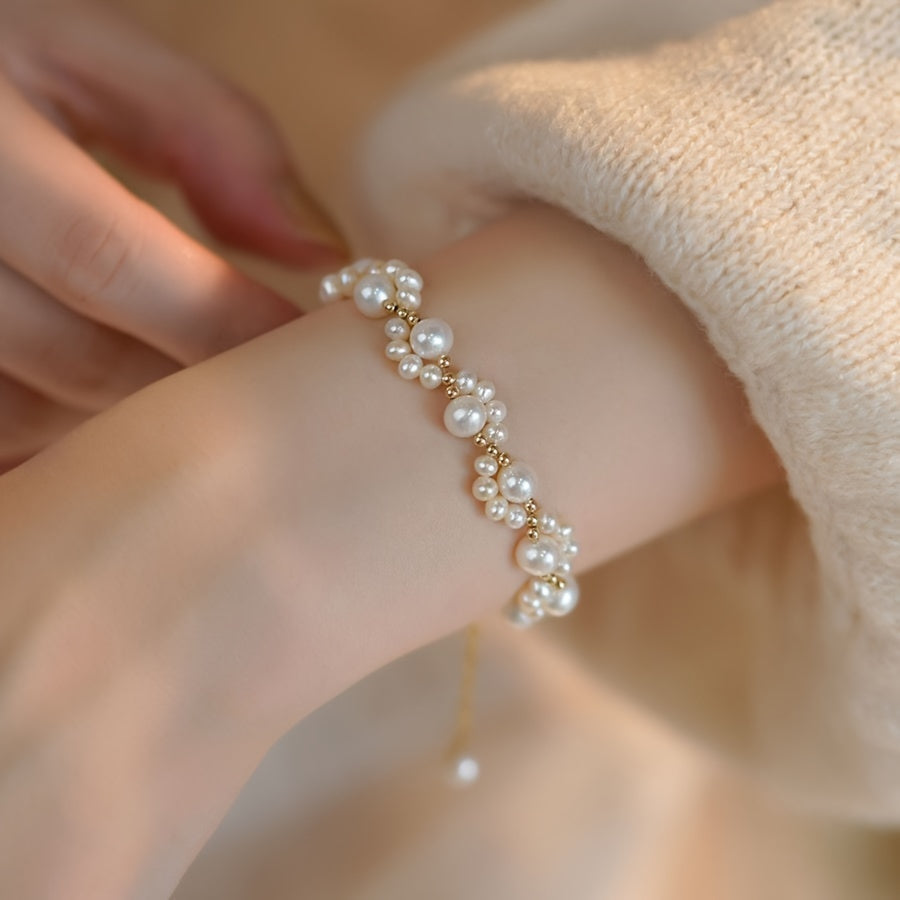 Classic Pearl Beaded Cat Paw Gold Plated Adjustable Bracelet