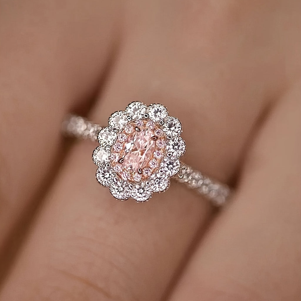 Nl/1 Luxe Tweekleurige Zonnebloemring Met Vierklauwige Ovaal Geslepen Synthetische Kubieke Zirkonia Accent Trouwring Beloftering