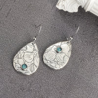 Retro Carved Flowers Drop Shape Turquoise Gemstone Hook Earrings