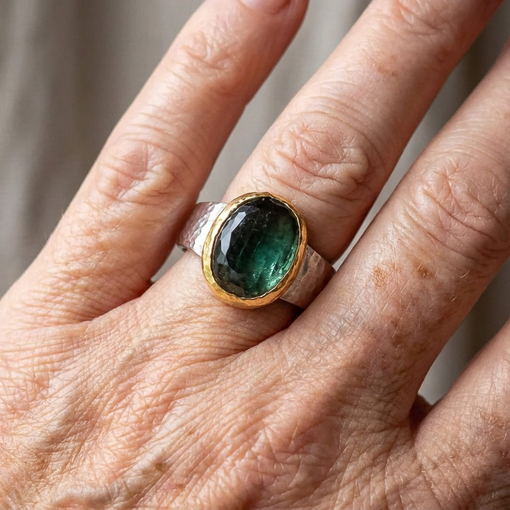 Vintage Emerald Green Hammered Silver Gold Ring