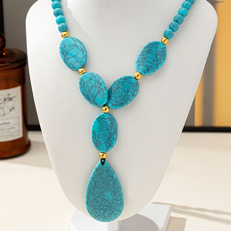 Bohemian Geometric Tear Round Turquoise Beaded Necklace