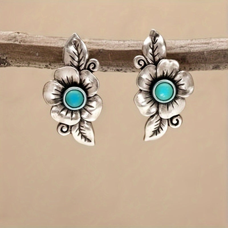 1 Pair Flower Leaf Earrings Hot Selling Vintage Style Mens Earrings Fashionable Vintage Ethnic Style Exquisite Versatile Youth Birthday Gift For Men And Women Valentines Day Gift For Girlfriend Earrings