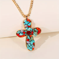 Bohemian Vibrant Colorful Turquoise Cross Pendant Necklace
