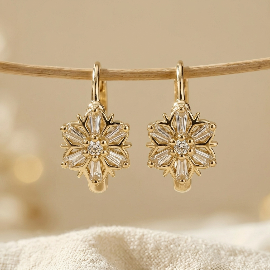 1 Pair Of Elegant And Minimalist Circle Shaped Snowflake Design Copper Earrings With Sparkling Synthetic Zircons Suitable For Womens Daily Leisure And Party Wear