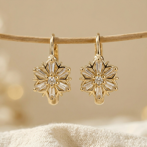 1 Pair Of Elegant And Minimalist Circle Shaped Snowflake Design Copper Earrings With Sparkling Synthetic Zircons Suitable For Womens Daily Leisure And Party Wear