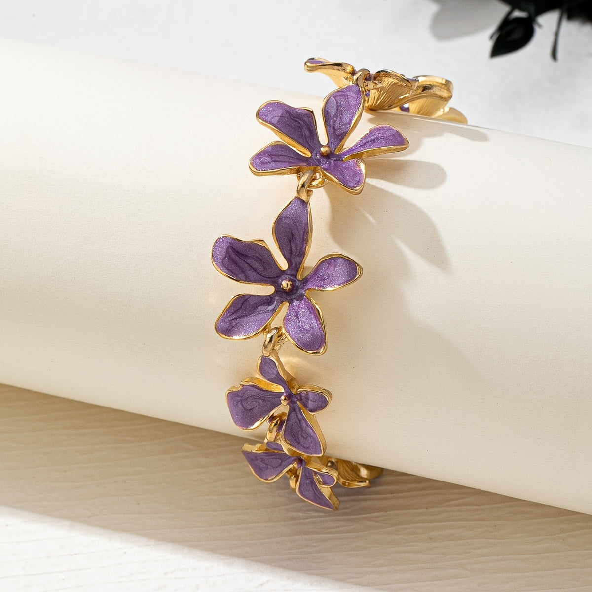 Vintage Style Purple Enamel Flowers Gold Plated Bracelet