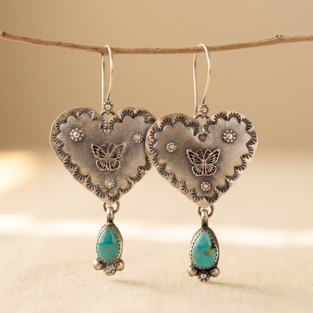 Artisan Handmade Turquoise Silvery Heart Dangle Earrings Handmade Jewelry