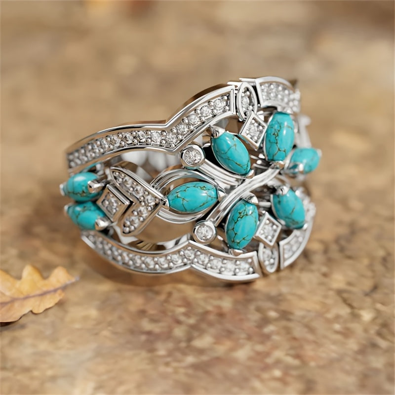 Bohemian Retro Art Turquoise & Crystal Statement Ring