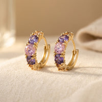 Luxury Pink Purple Cubic Zirconia Gold Hoop Earrings