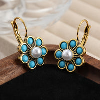 Vintage Style Turquoise And Pearls Flower Earrings