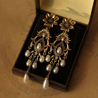 Vintage Flower Imitation Pearl Tassel Drop Earrings