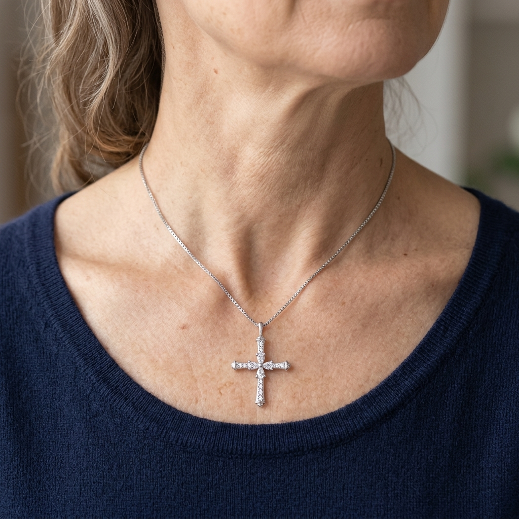 925 Sterling Silver Elegant Silver Cross Necklace With Sparkling Moiss