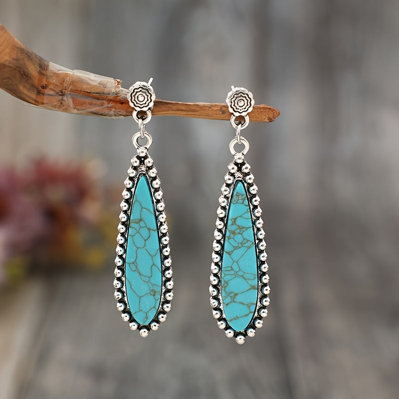 Cross Border New Retro Western Droplet Inlaid Turquoise Earrings