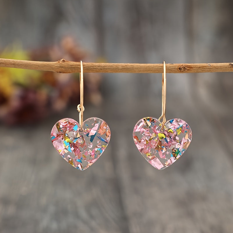 Vintage Style Resin Glitter Heart Pendant Earrings