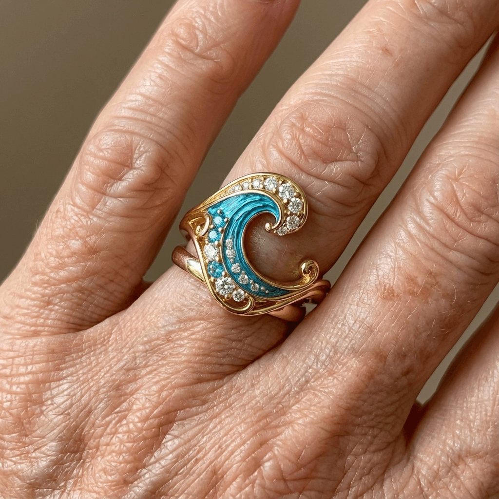 Ocean Wave Gold Ring with Blue Crystal Accents
