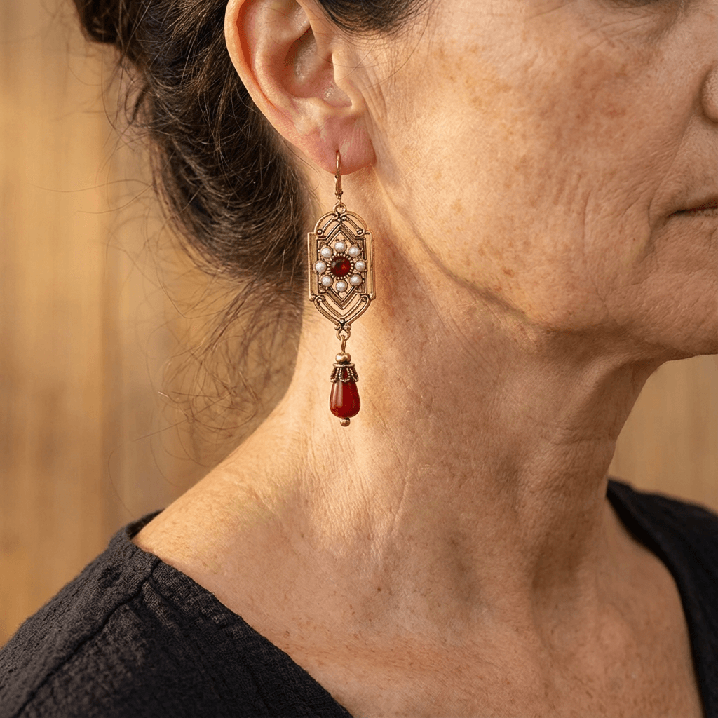 Art Deco Gold Garnet & Pearl Drop Earrings