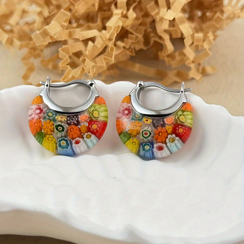 Colorful Millefiori Half-Hoop Earrings
