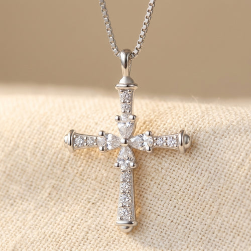 925 Sterling Silver Elegant Silver Cross Necklace With Sparkling Moiss