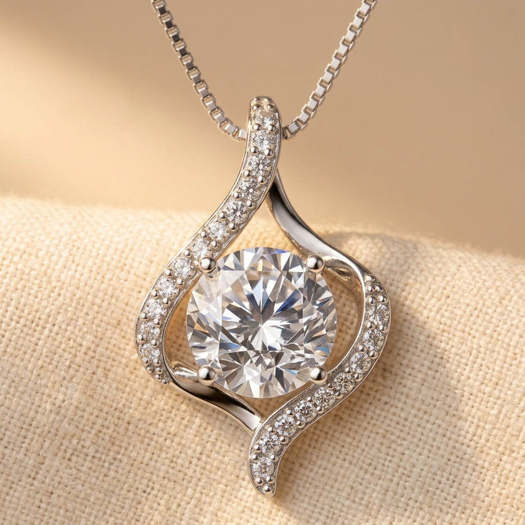 925 Sterling Silver Elegant Moissanite Pendant Necklace With Twisted D
